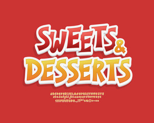 Modern 3d label Sweets and Desserts for candy packaging with cartoon letters, sticker style