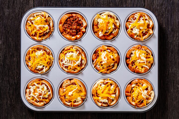 sloppy joe cups in muffin tin, top view