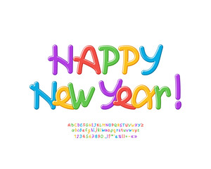 Greeting card Happy New Year with multicolor handwritten font on white background