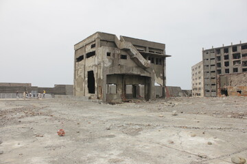 Single building at Hashima Island. Ruins of Battleship Island.