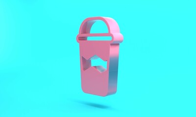 Pink Coffee cup to go icon isolated on turquoise blue background. Minimalism concept. 3D render illustration
