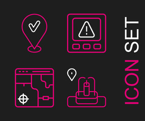 Set line Location with fountain, Infographic of city map, Gps device error and check mark icon. Vector