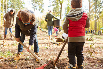 Children dig the ground with adze ax in the forest