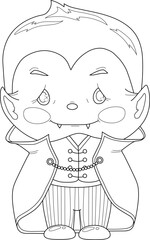 Cute cartoon baby vampire character skecth template. Halloween vector illustration in black and white for games, background, pattern, wallpaper, decor. Coloring paper, page, story book, print