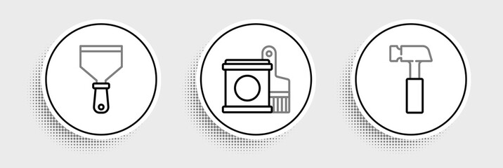 Set line Hammer, Putty knife and Paint bucket and brush icon. Vector