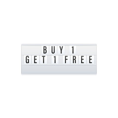 Buy 1 Get 1 Free, sale tag, banner design template. Lightbox. Vector stock illustration.