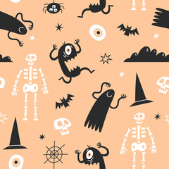 Materiał do szycia Halloween seamless pattern with traditional elements and characters.