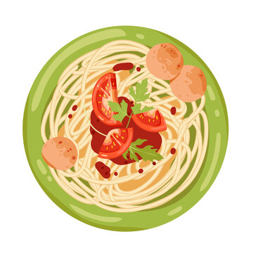 Spaghetti with meatballs on plate vector illustration. Cartoon isolated top view of pasta with tomato sauce and balls of ground meat, healthy dish of homemade or restaurant menu, Italian cuisine