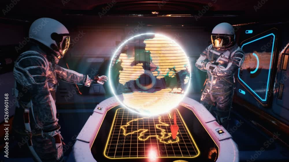 Canvas Prints astronauts explore the planet using its hologram in the spacecraft's control room. the concept of th