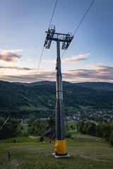 Ski lift tower in Szczyrk town in Silesian Beskids mountains, Silesia region of Poland
