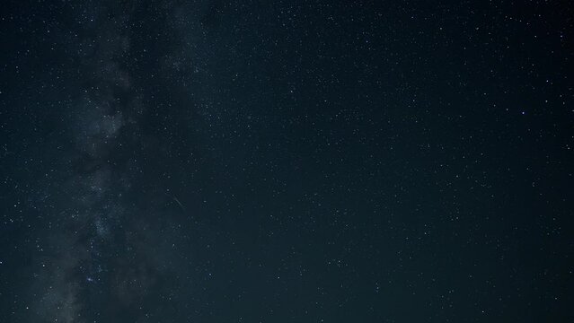 Time-lapse of the Milky Way galaxy. Night view of the Milky Way galaxy with twinkling stars in the sky, the slow movement of the galaxy, the movement of stars in the night sky.