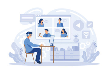 Video conference. People group on computer screen taking with colleague. Video conferencing and online communication vector concept. Illustration of communication screen conference, FLAT VECTOR ILLUST