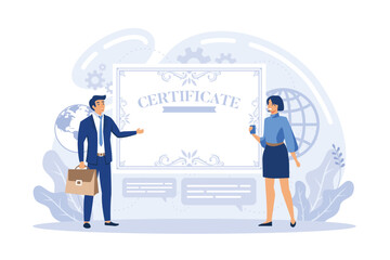 Business people meeting quality control standards and getting international certificate flat vector illustration