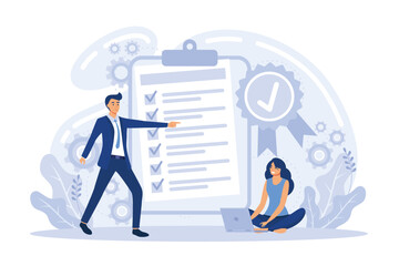 Business people meeting quality control standards and getting international certificate flat vector illustration