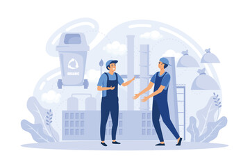 Ecology clean city metaphor, waste management recycling, caring nature and environment. People sport lifestyle and urban technology. No car day, garbage sorting and processing. flat vector illustratio