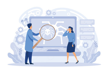 Tiny business people with digital devices testing demo software. Beta testing, new product testing, presale user experience flat vector illustration
