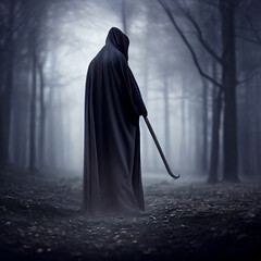 A cinematic style halloween hooded grim reaper type figure looking to the right standing in misty...