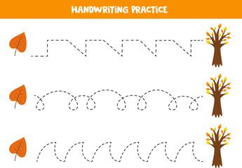 Tracing lines for kids. Hand drawn trees and leaves. Writing practice.