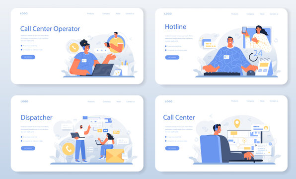 Call center operator web banner or landing page set. Technical support