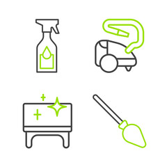 Fototapeta premium Set line Handle broom, Clean table, Vacuum cleaner and Cleaning spray bottle icon. Vector