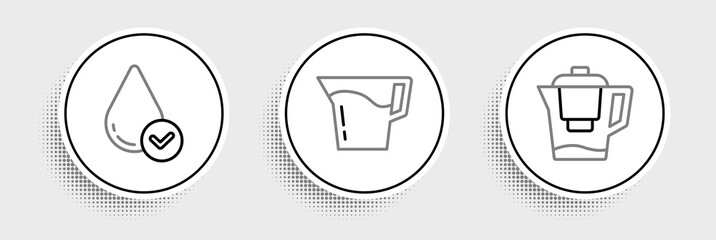Set line Water jug with a filter, drop and Jug glass water icon. Vector