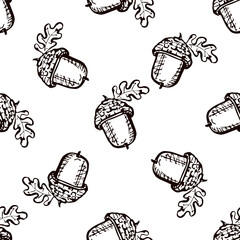 Seamless pattern with hand drawn acorns on white background. Suitable for packaging, wrappers, fabric design