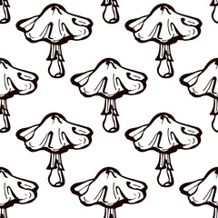 Seamless pattern with hand drawn mushrooms on white background. Suitable for packaging, wrappers, fabric design