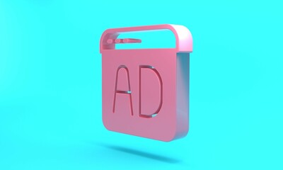 Pink Advertising icon isolated on turquoise blue background. Concept of marketing and promotion process. Responsive ads. Social media advertising. Minimalism concept. 3D render illustration