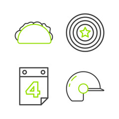Set line Baseball helmet, Calendar with date July 4, American star shield and Taco tortilla icon. Vector