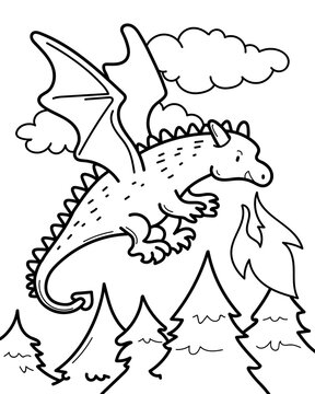 Vector illustration of dragon flying over the forest. Coloring page with fairy tale character. Magic animal for children's book design.