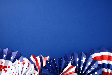 Happy Presidents Day banner with paper fans on blue background. USA Independence Day, American...