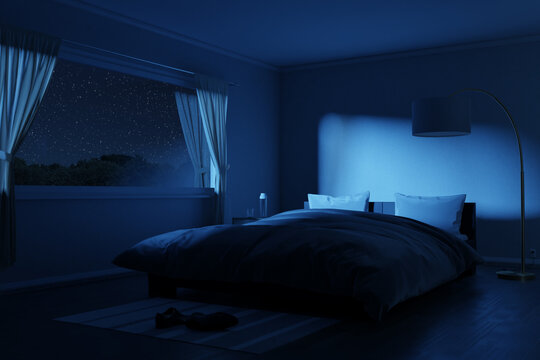 3D rendering of spacious bedroom with cozy low bed at night