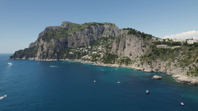 Scenic Seascape Of The Coast Of Capri Island In Italy - aerial shot