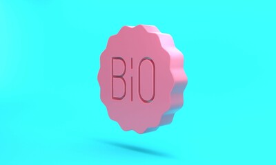 Pink Banner, label, tag, logo for bio green healthy food icon isolated on turquoise blue background. Organic product. Healthy food sticker. Minimalism concept. 3D render illustration