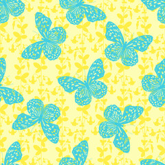 . Beautiful blue butterflies on a flower background. Vector seamless pattern.