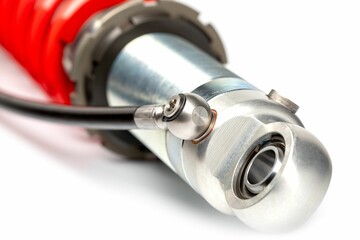 Closeup of a silver and red coil shock absorber