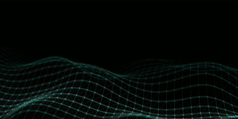 Futuristic vector digital wave. Dark cyberspace. Abstract wave with dots and line. White moving particles on background.