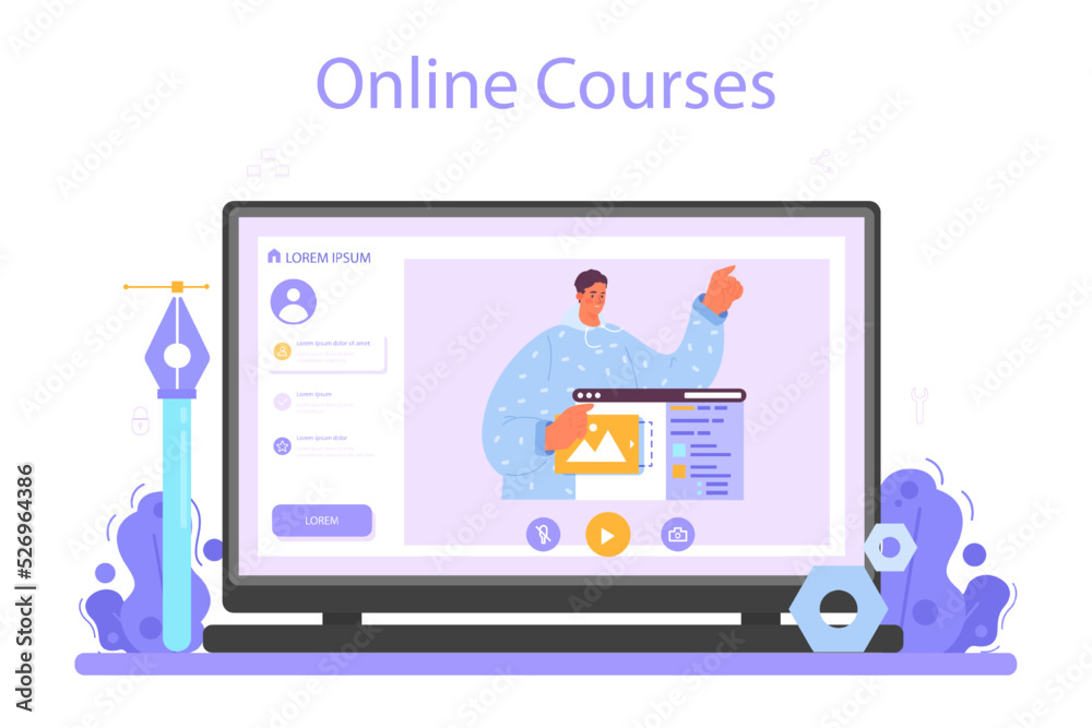 Poster web designer online service or platform. interface and content