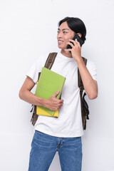 young asian student with folder and mobile phone with backpack on white background