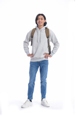 Full body young asian student in hoodie, jeans ith backpack on white background