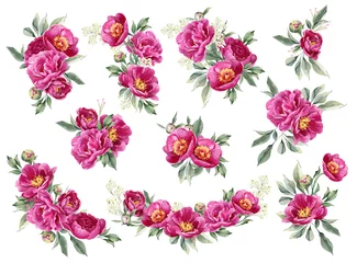 Fotobehang Pink peony watercolor flower set. Floral arrangement for card, party invitation, decoration. Illustration isolated on white background © Nataliya Kunitsyna