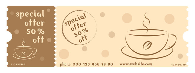 Coffee house coupon, special offer, discount. Discount coupon design. Delicious, fragrant coffee at a discount.
