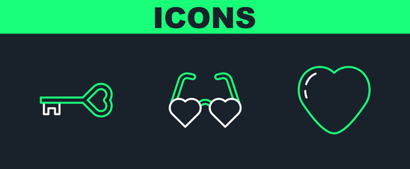 Set line Heart, Key in heart shape and shaped love glasses icon. Vector