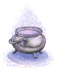 Illustration of a steel dark magic cauldron with purple liquid potion. Halloween party item. Hand drawn cartoon illustration isolated on a white background. 