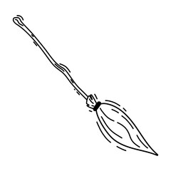 Halloween outline witch broom. Cartoon vector illustration