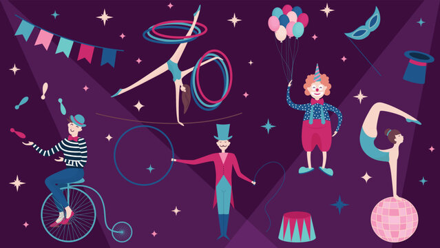 circus performers collection vivid composition on dark background with colorful decor