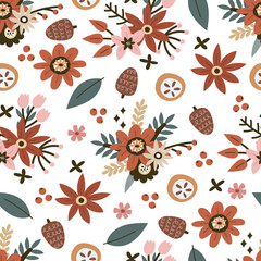 seamless pattern with cartoon flowers, decor elements. colorful vector, hand drawing. design for fabric, print, textile, wrapper