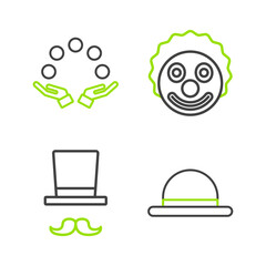 Set line Clown hat, Magician, head and Juggling ball icon. Vector