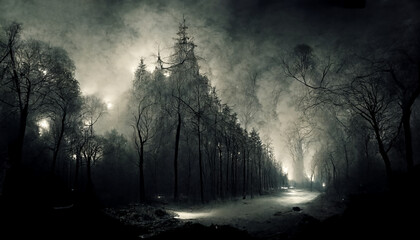 Obraz premium scary rainforest illustration on halloween night.3D illustration.Digital painting.