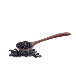 Black beans in wooden spoon isolated on transparent background. (.PNG)